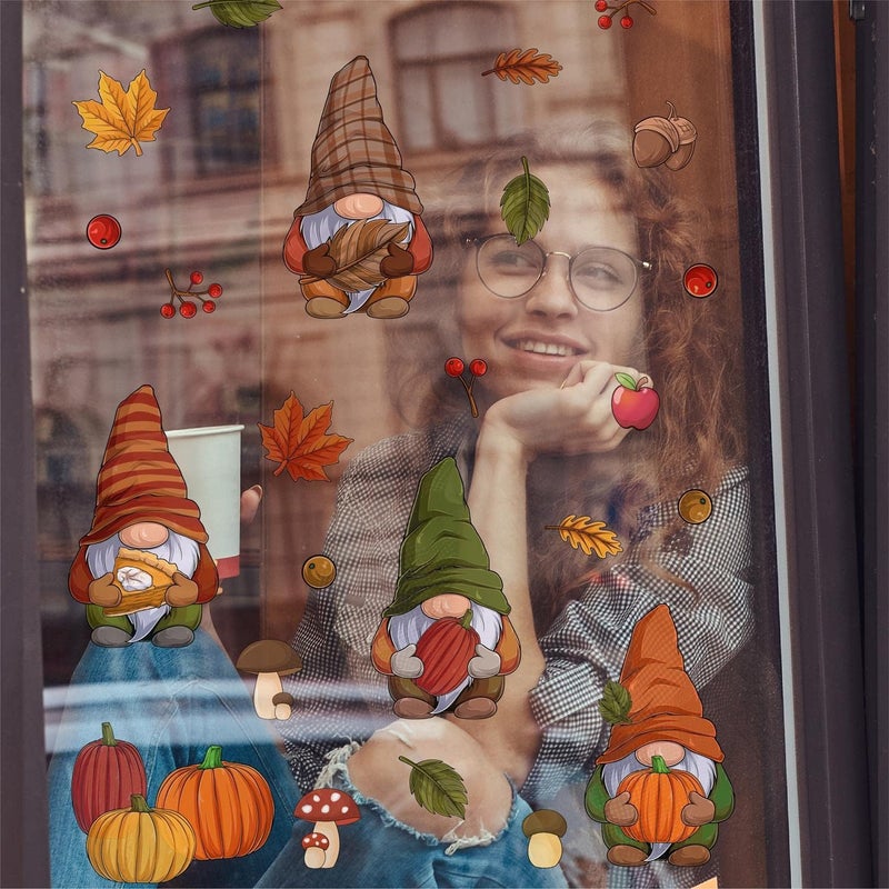 WALPLUS Fall Decor Autumn Window Clings Thanksgiving Decorations Double-Sided Reusable Peel and Stick Removable for Glass Living Room Nursery Room Home Office Thanksgiving Gnomes 102 Pieces - Image 4